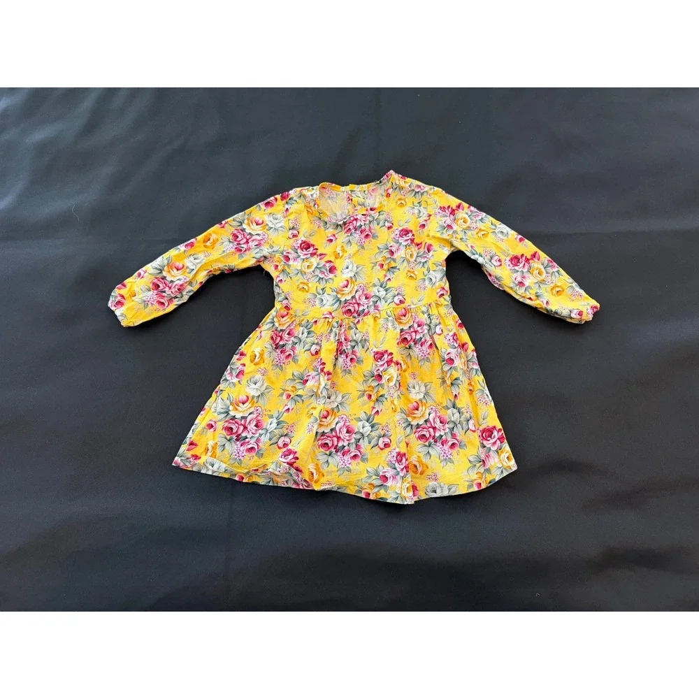 Yellow Floral Long Sleeve Rose Print Dress Kids Button Back Gathered Waist